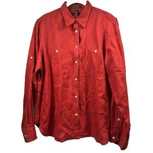 Lauren Ralph Lauren Women's 100% Linen Sz L Red Button Up Shirt Roll Tab Pockets